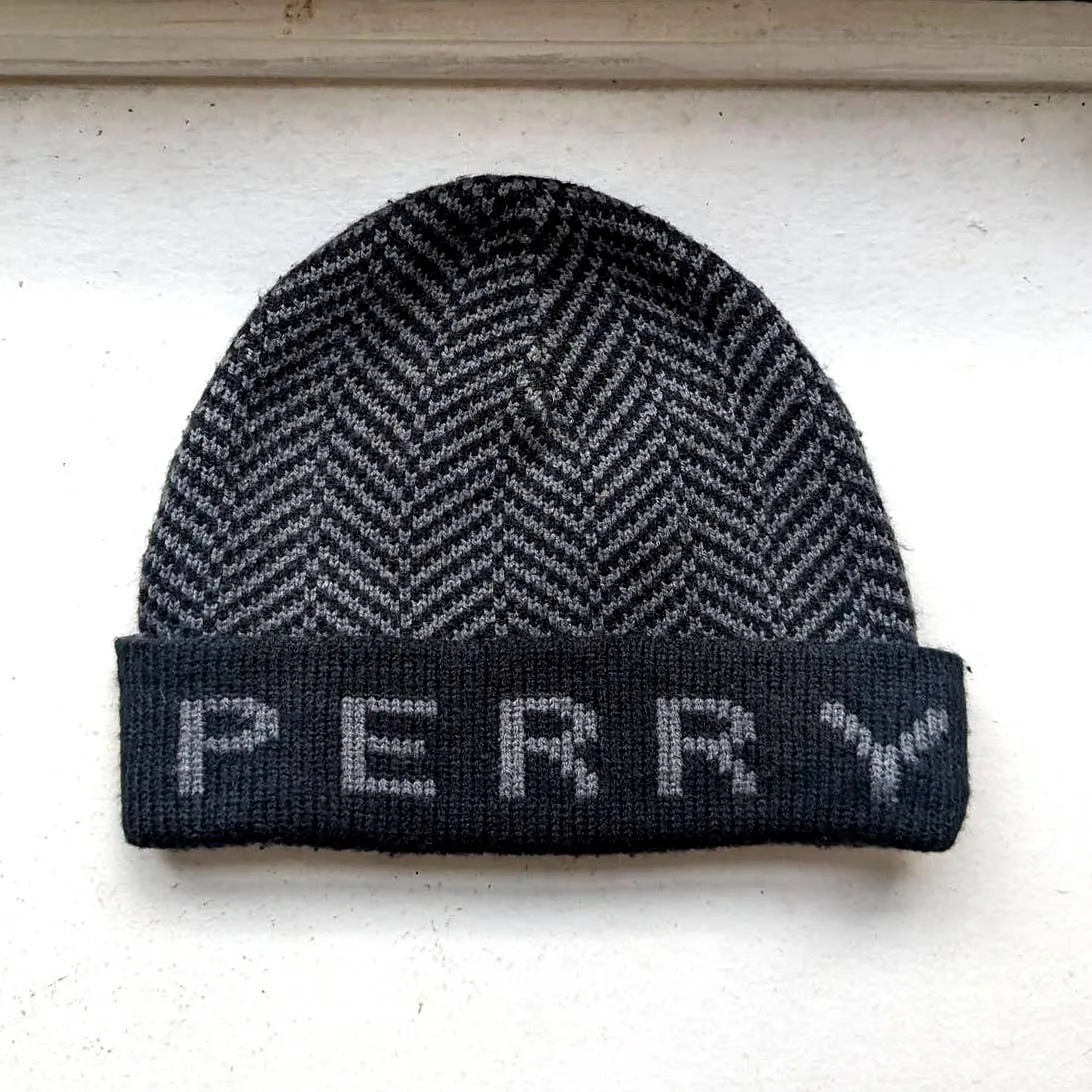 Y2K Minimalist Herringbone Knit Spellout Faded Dark Grey Grunge Beanie Hat