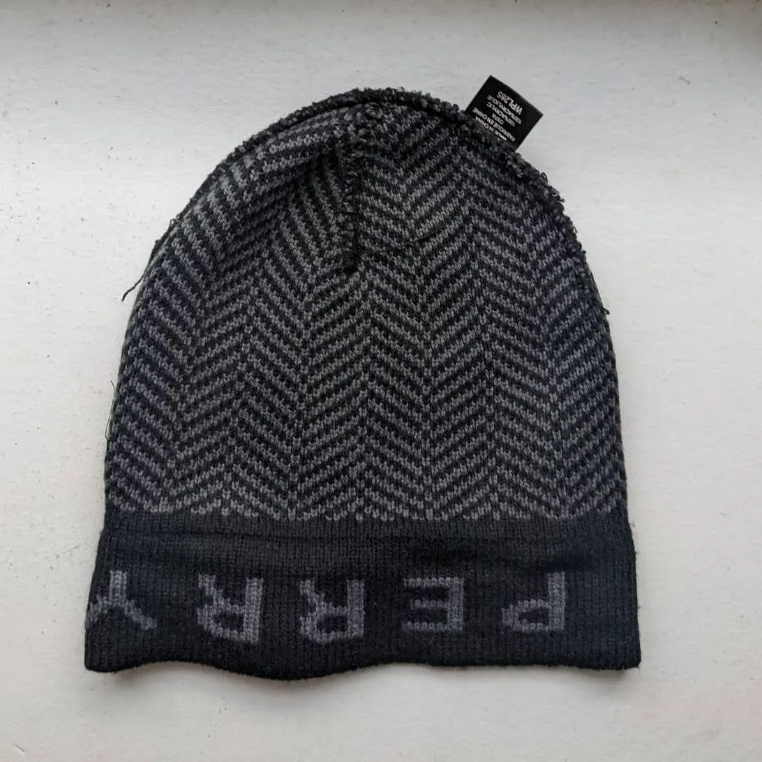 Y2K Minimalist Herringbone Knit Spellout Faded Dark Grey Grunge Beanie Hat