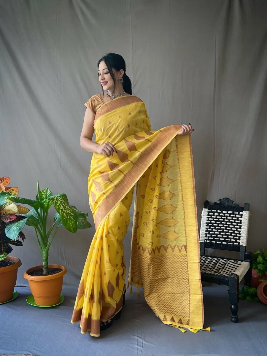 Yellow Saree in Pure Cotton Copper