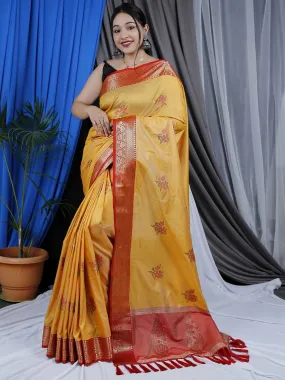 Yellowish Orange Saree in Cotton Copper Meenakari Woven Work