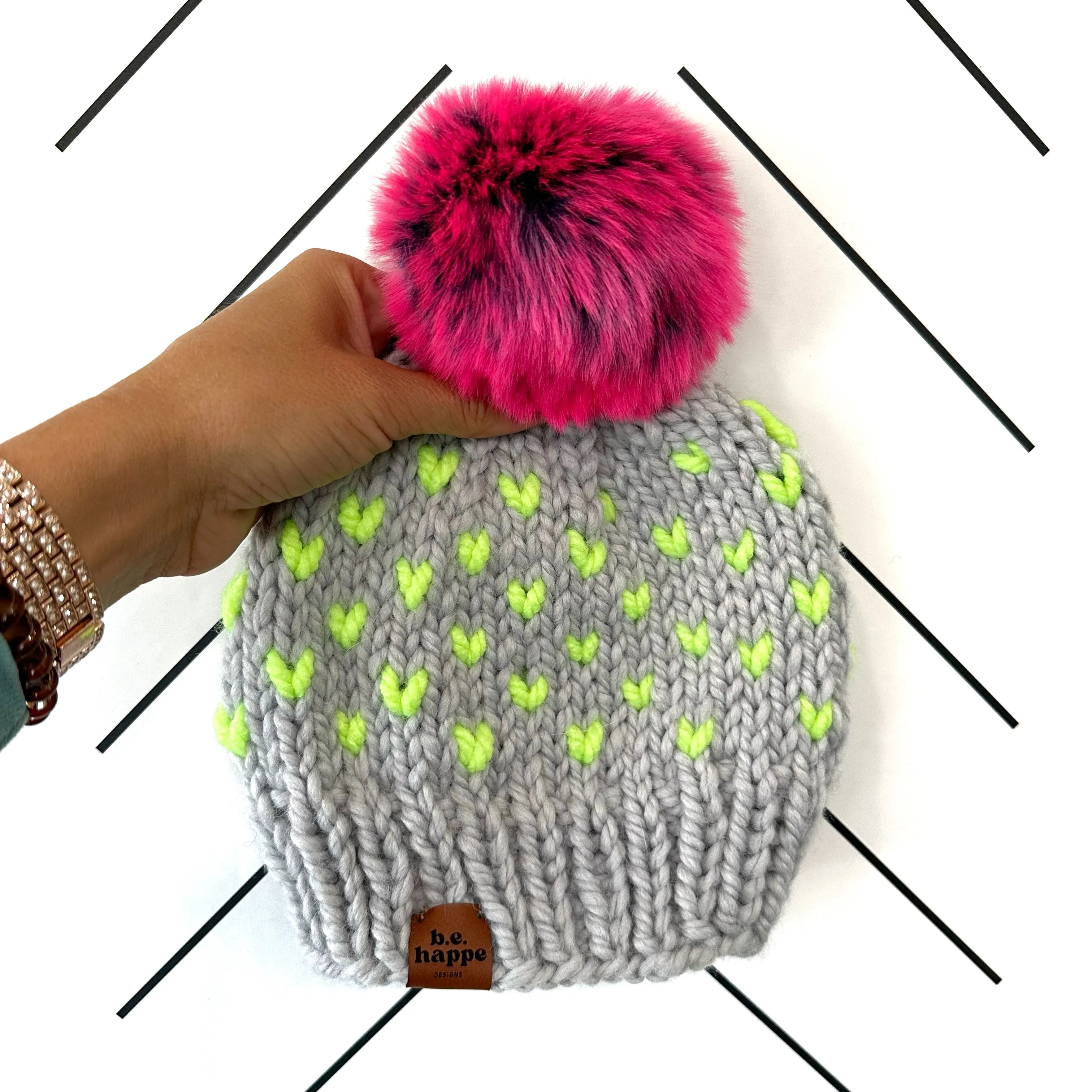 Youth Happe Hearts Knit Pom Hat | Light Grey   Neon Yellow