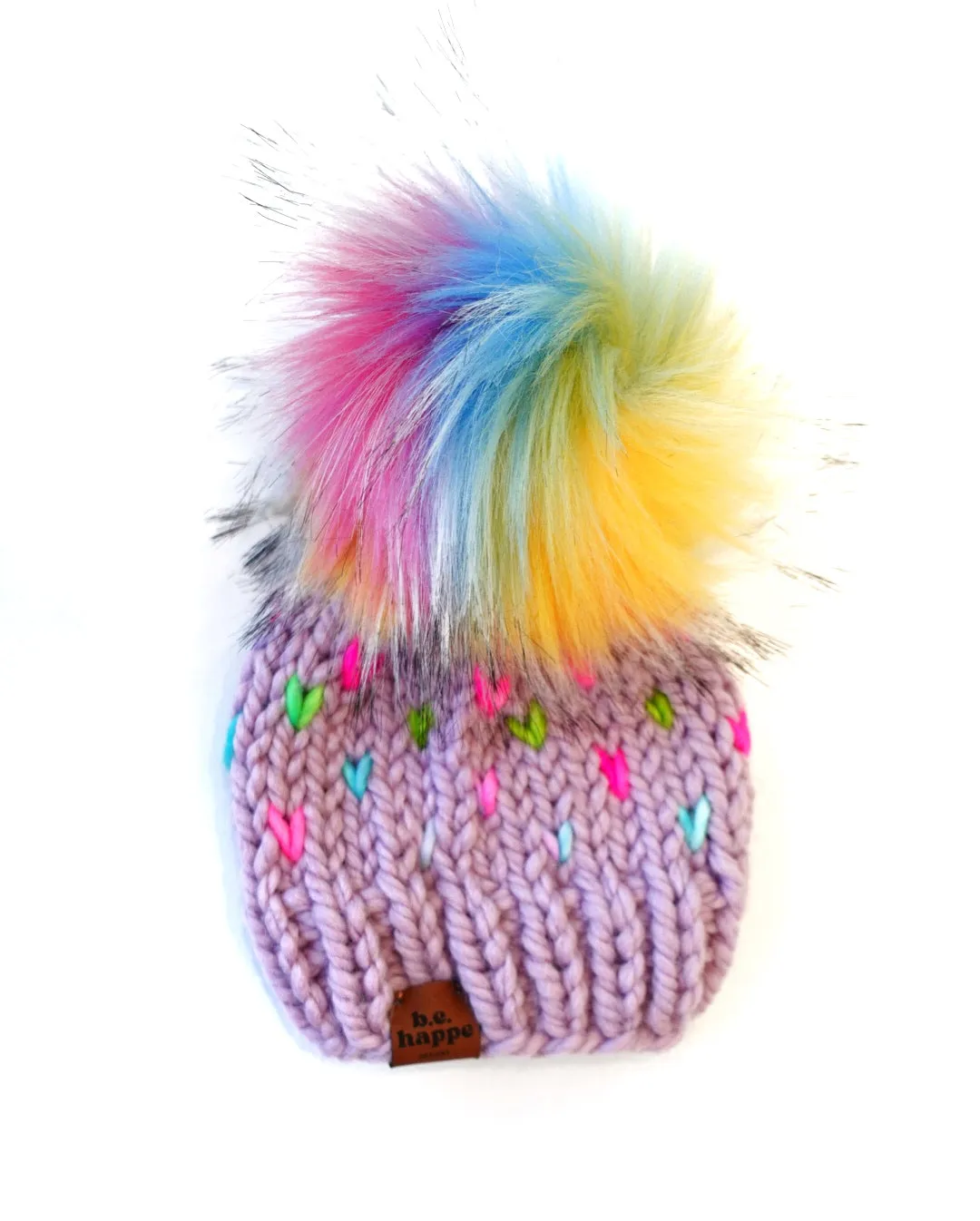 Youth Knit Hearts Pom Hat | Purple Rainbow