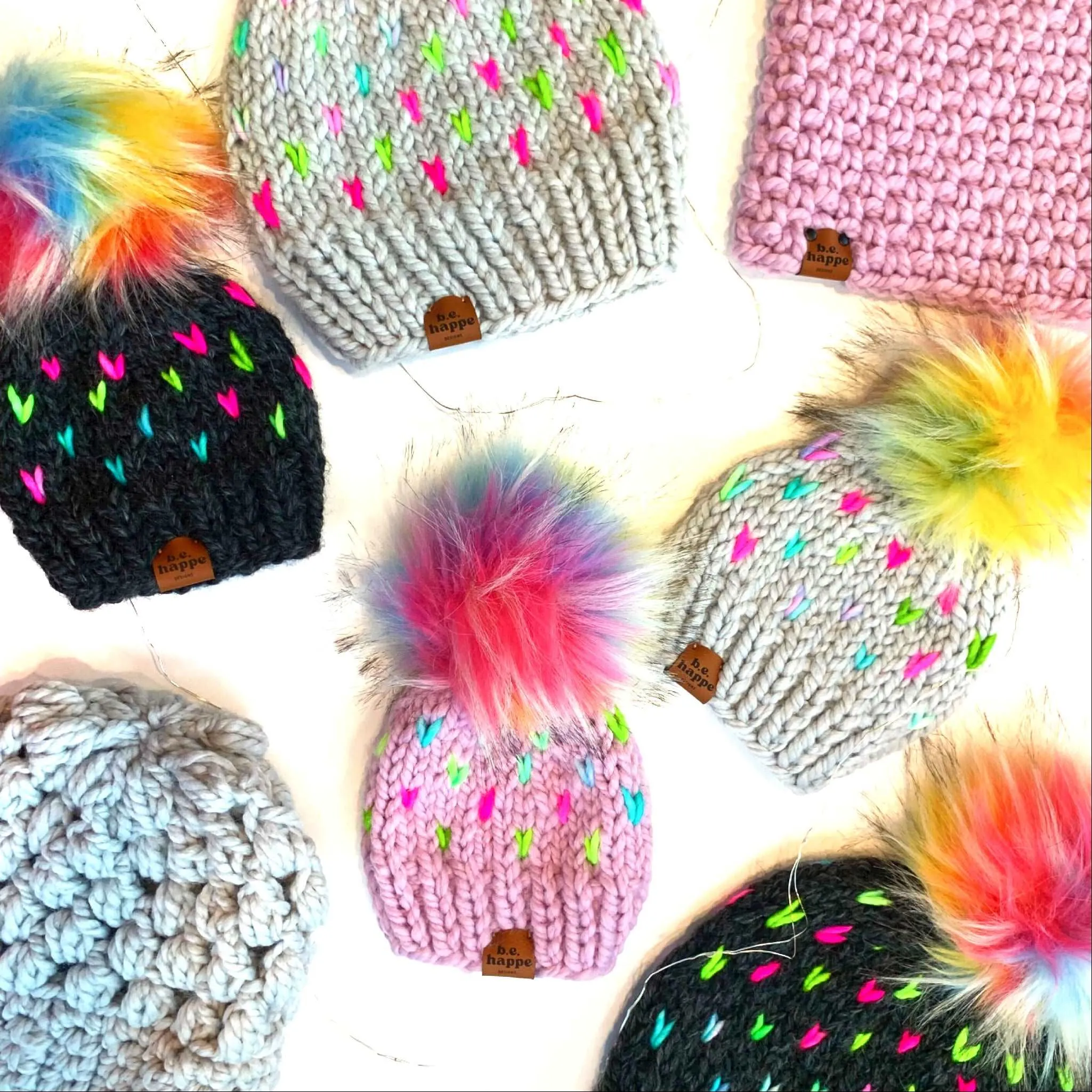 Youth Knit Hearts Pom Hat | Purple Rainbow