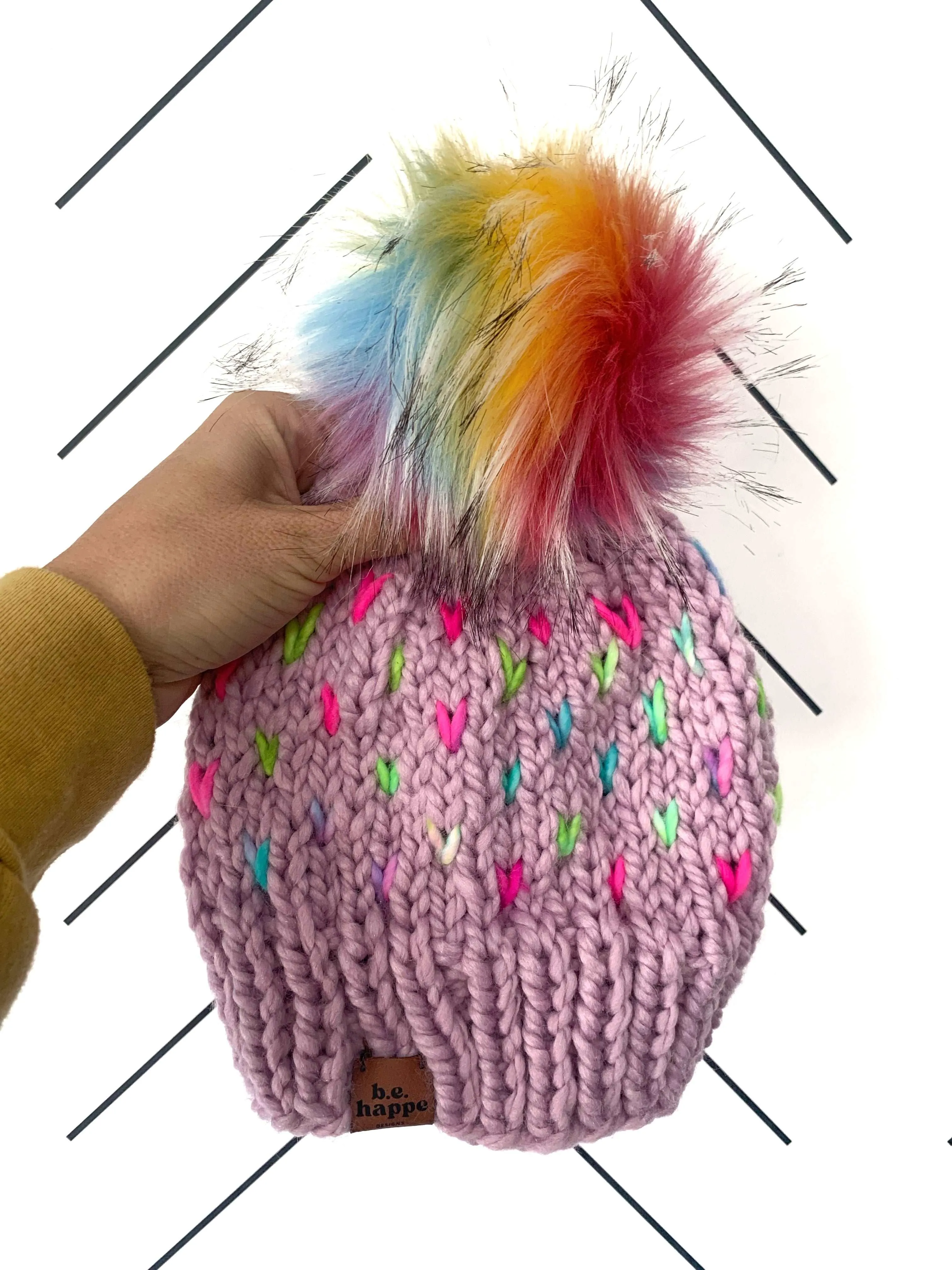 Youth Knit Hearts Pom Hat | Purple Rainbow